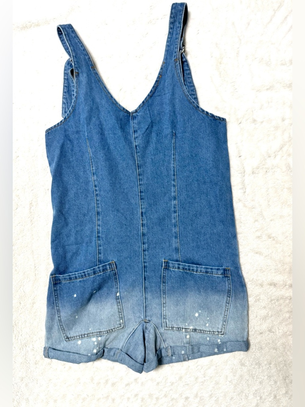 SHEIN Women’s Ombre Blue Denim bleach splatter Short Overall Romper